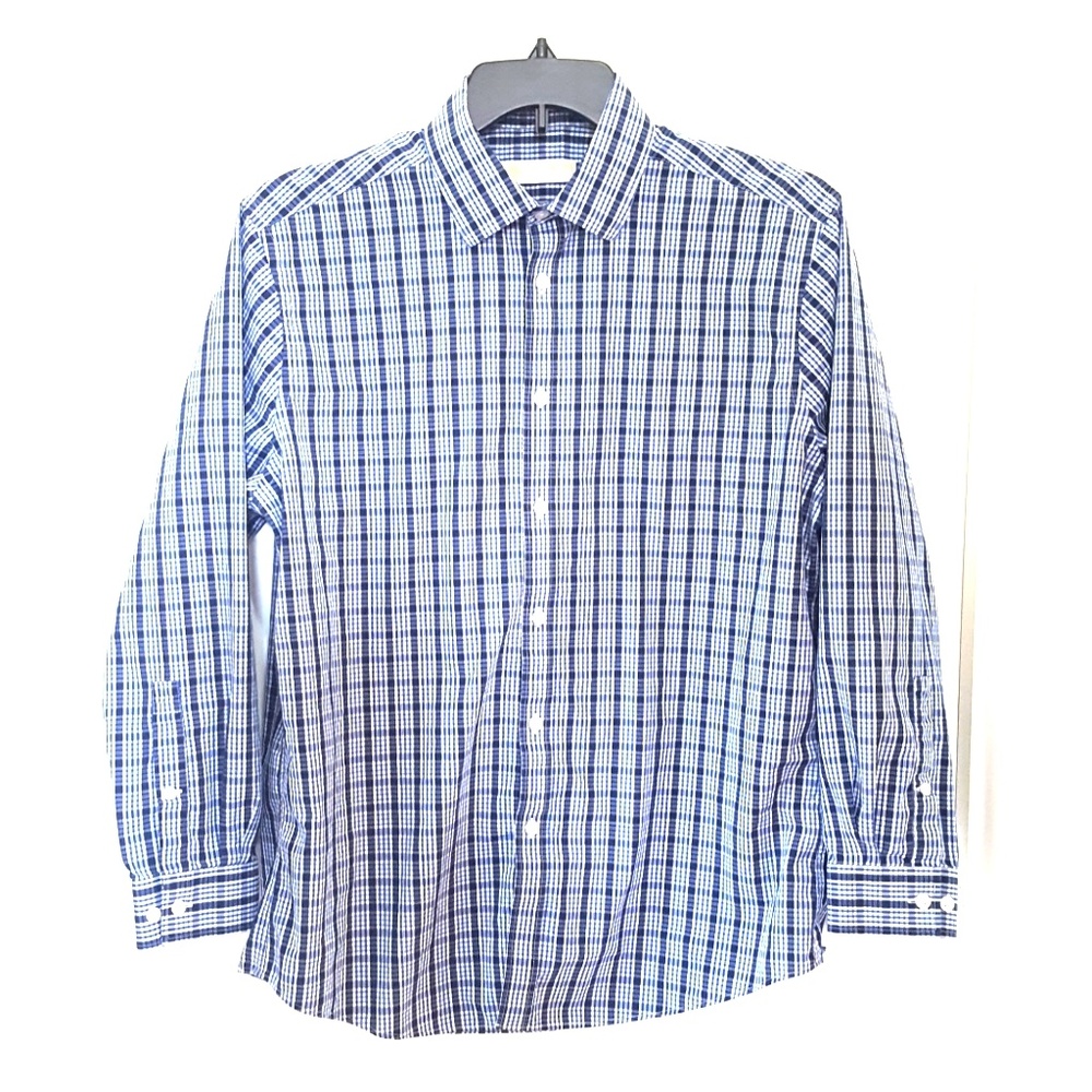 Michael Kors Mens Button Shirt Blue Plaid Slim Fit